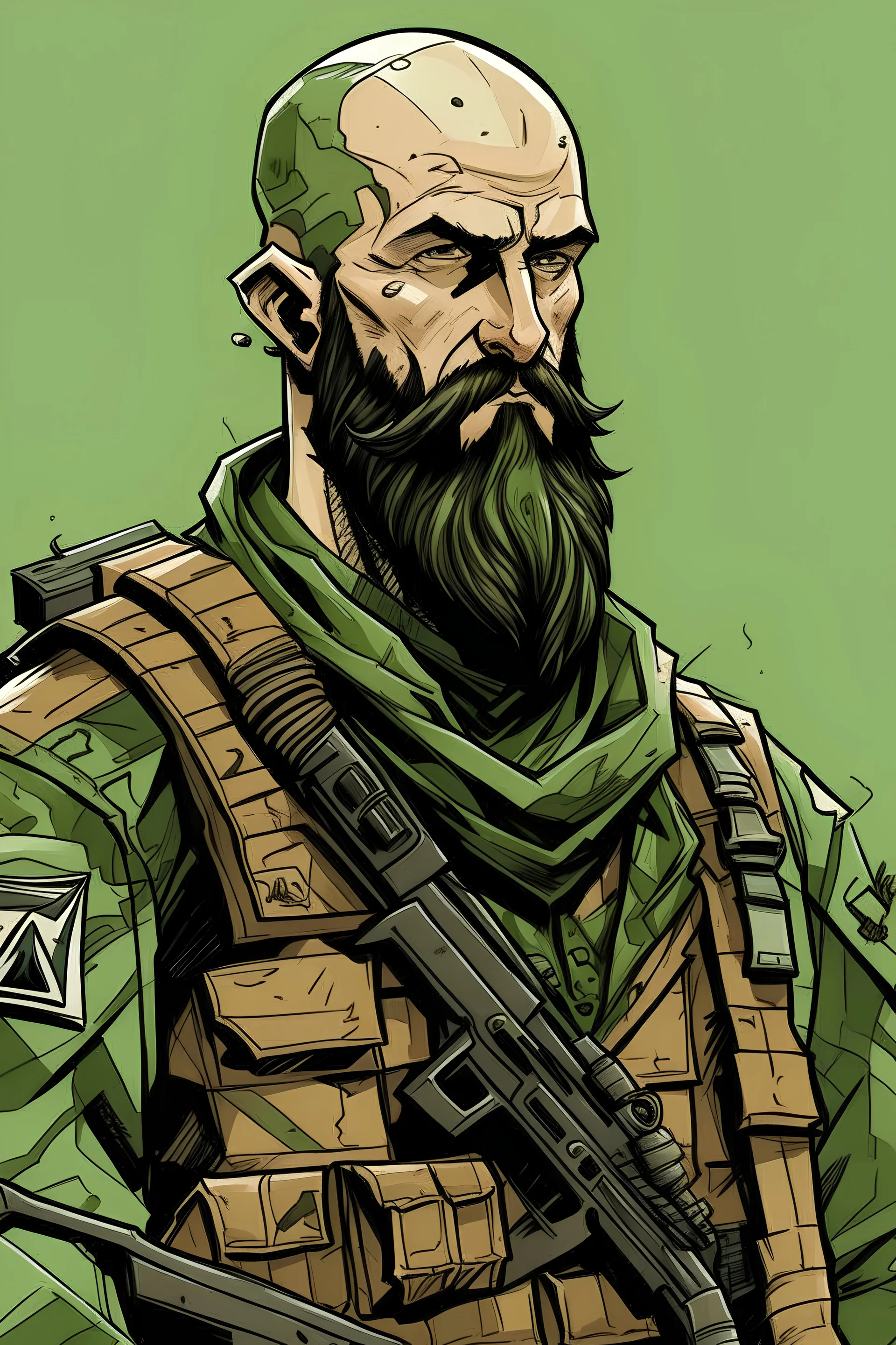 A bald rugged soldier with a thick black beard and green eyes wearing a Savannah style camo carrying a sci-fi AK-47