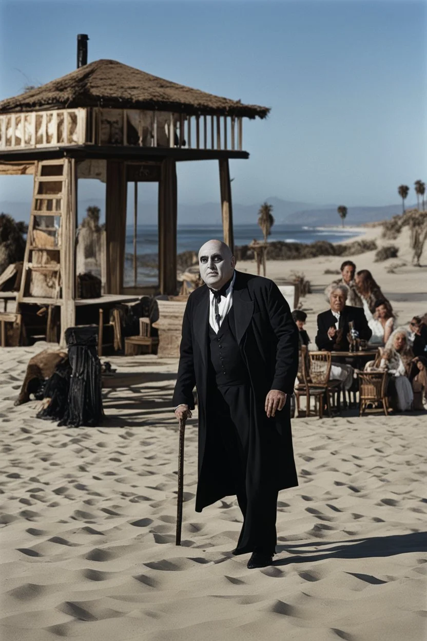 [hammer horror] Uncle Fester Addams on the beach in California [Versace]