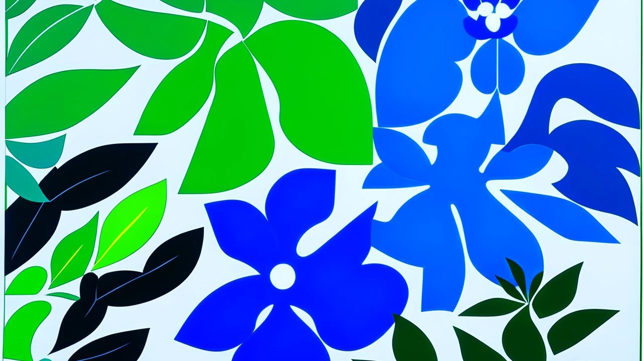 An exquisite minimalist illustration by Matisse, featuring a serene garden adorned with simple, geometric shapes of flowers. Electric green leaves and petals contrast against a light background, while bold blue outlines define the shapes. The cutout style adds depth and dimension, creating a harmonious balance of color and form.