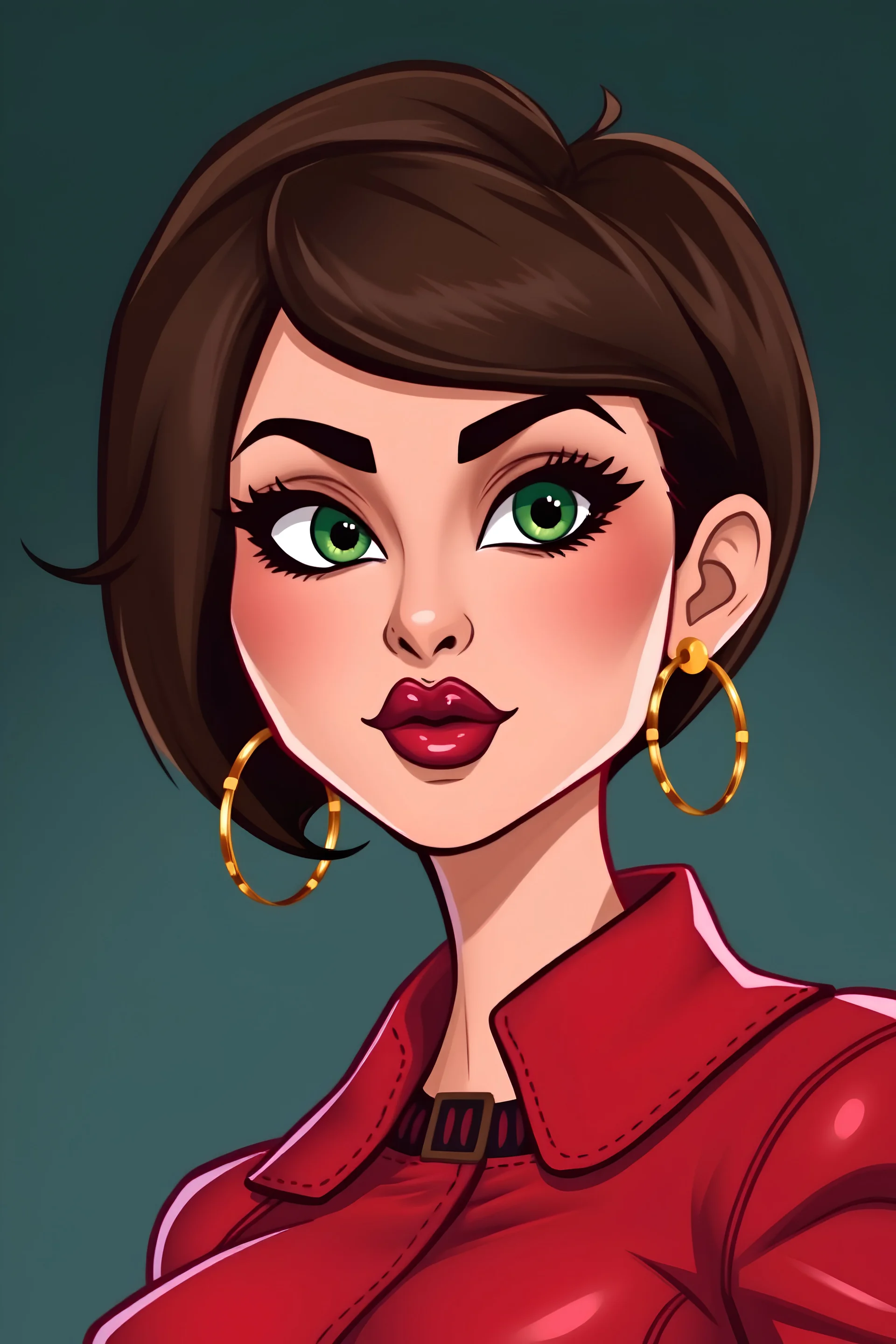 cartoon portrait of a very feminine, busty European 50 year lady with brunette pixie cut hair and strong makeup, big smoky green eyes, pouty inviting luscious lips and large golden earrings wearing red leather outfit and collar