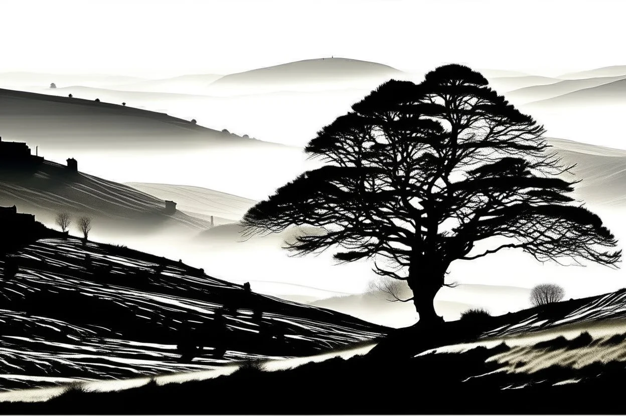 silhouette white background of beatuful scenic picture castleton peakdistrict uk from a distance scenery painting