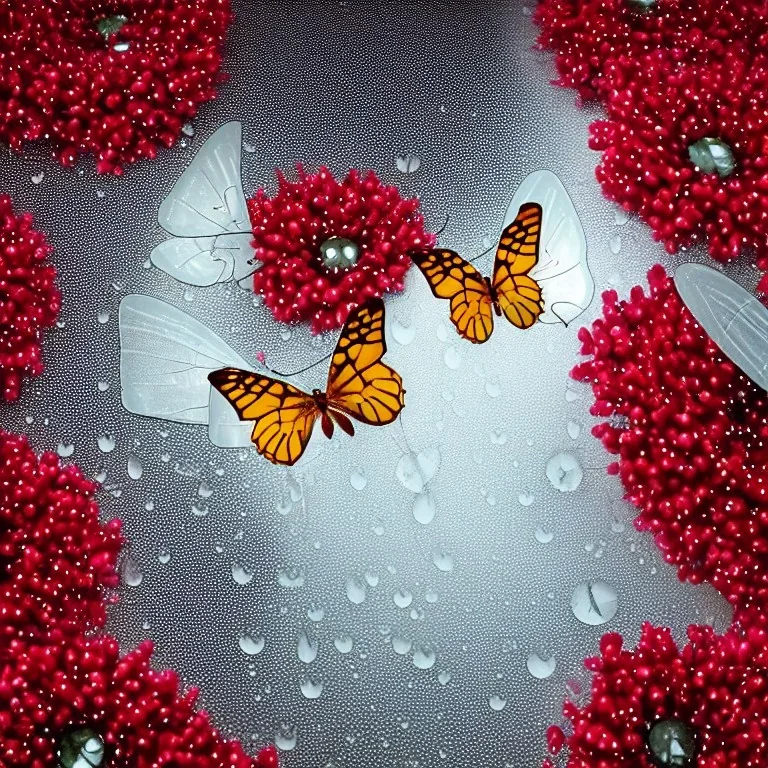 Прозрачная Бабочка из воды в белом тумане и букет венок красные стеклянные цветы в жемчужном сиянии капли дождя