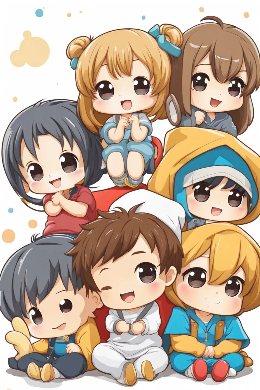 Adorable chibi five anime caracters happy group sitting together on White Background, cartoon mood