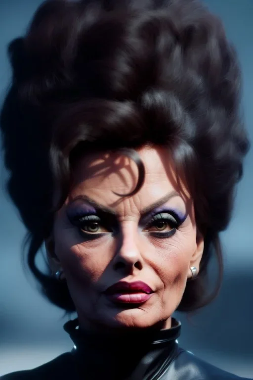 young sophia loren as evil queen in black leather, angry, stern look, volumetric lighting, particales,highly detailed,cinematic, deep colours,8