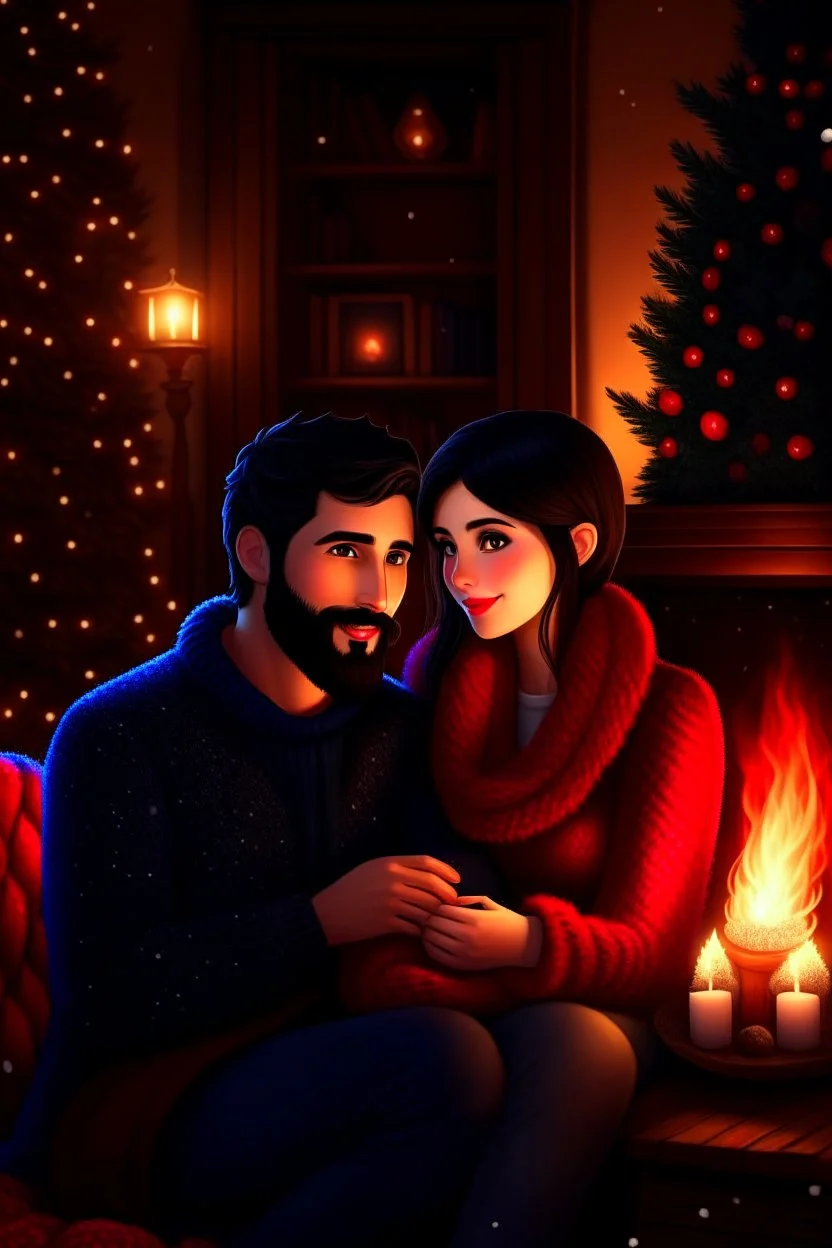 Fire place Christmas scene, dark haired couple, man with short black beard, blue eyes, cozy, young couple, high definition, graphic
