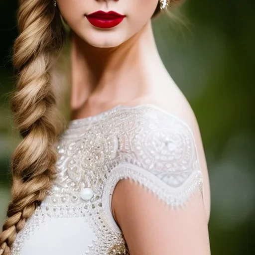 beautiful young queen with white latex bodysuit, intricate details, delicate white braided hair with ponytail, glass eyes, highly detailed, 8k, ambient light, taylor swift, keep head in frame