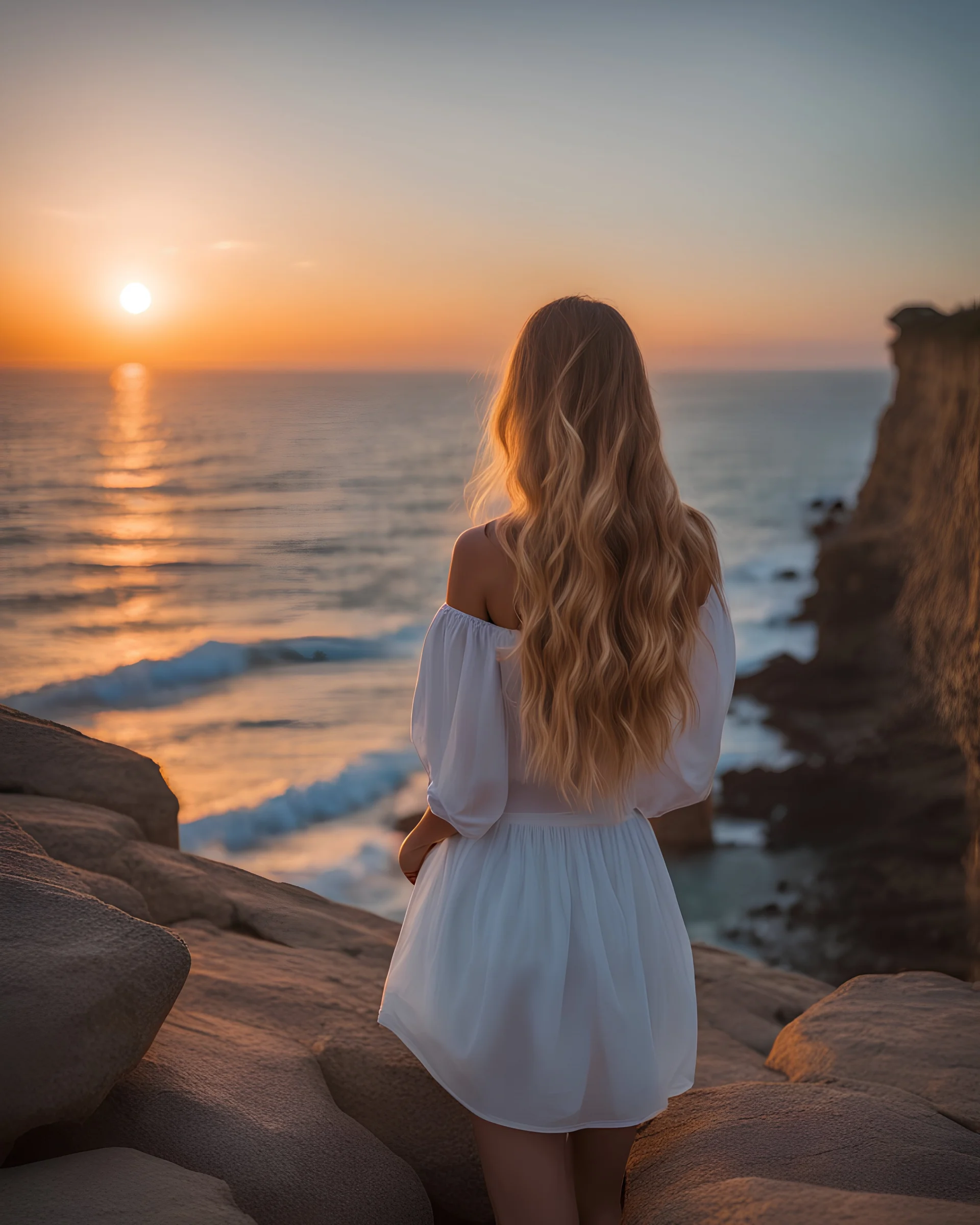 un'immagine seducente di una ragazza di 20 anni con lunghi capelli biondi, in piedi su una scogliera che si affaccia su un vasto oceano, il tramonto che proietta tonalità calde nel cielo, le onde che si infrangono contro le rocce sottostanti, catturando un momento di solitudine e tranquillità, fotografia, utilizzando un obiettivo primario (50 mm) per mettere a fuoco il soggetto con una profondità di campo ridotta