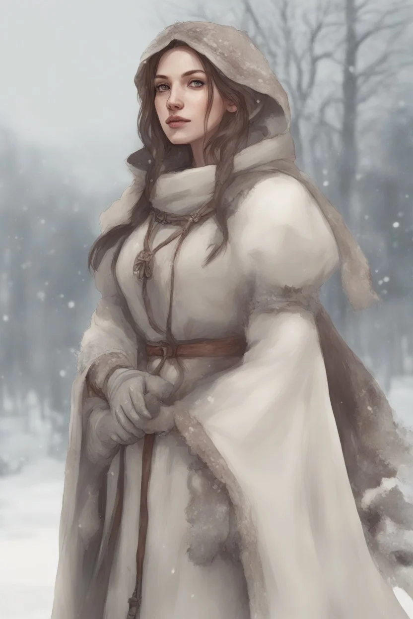 DnD style, medieval woman dressed in warm winter clothes