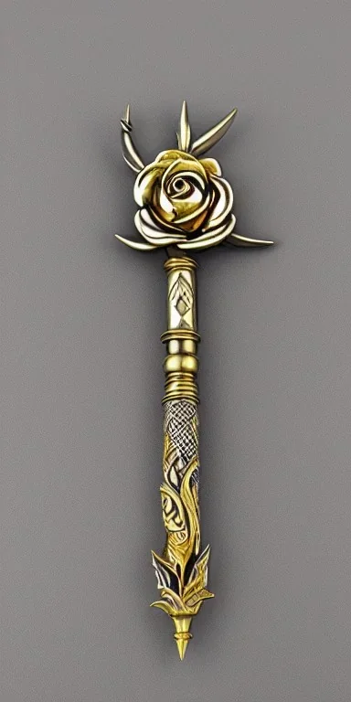 A large silver and Gold spear weapon with a rose at the handle and thorns up the poll, realistic, fantasy,