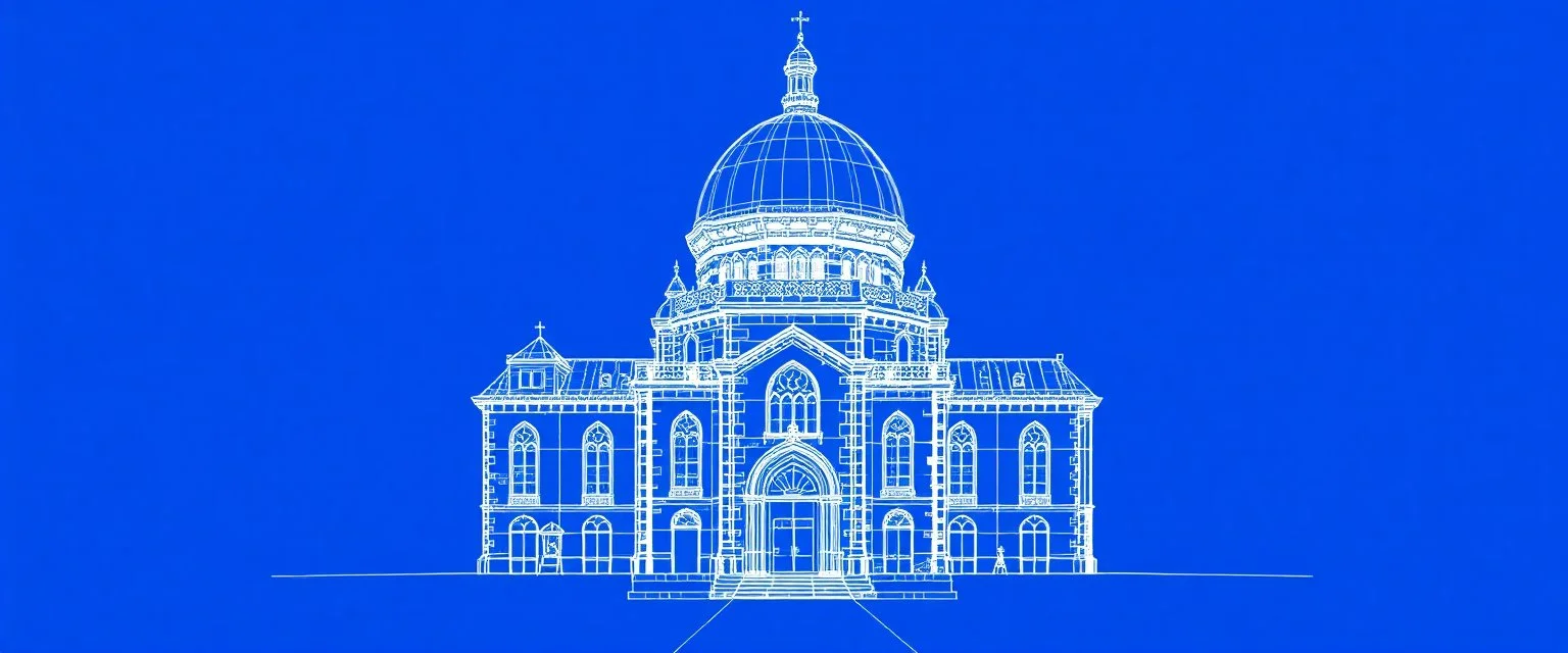 blueprint of see through plan of castle church with transparent glass dome walls