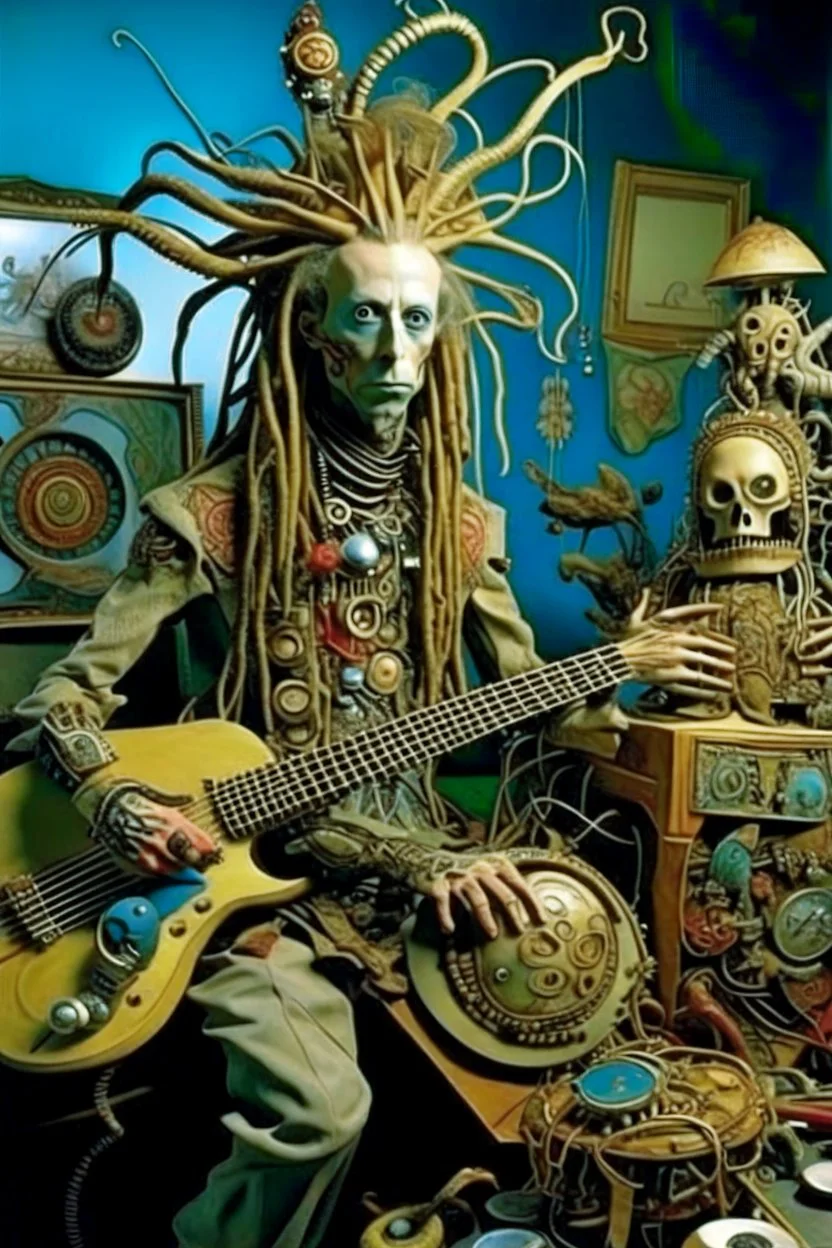 photo by tim walker : loan-blend human-alien biomorphic-animals squid indefinite head extreme wide shot head to toe portrait of weird krofft pufnstuff puppet voodoo cutie sitar player king human nervous systems, renaissance faire alex grey hyper detailed michael cheval with a playful expression made out of mechanical parts and robot arms; cyborg details, unusual and obscure photograph by františek vobecký of a surreal scene of ghastly men, pop art, clive barker style, 300mm f/.8, raw cinematic p