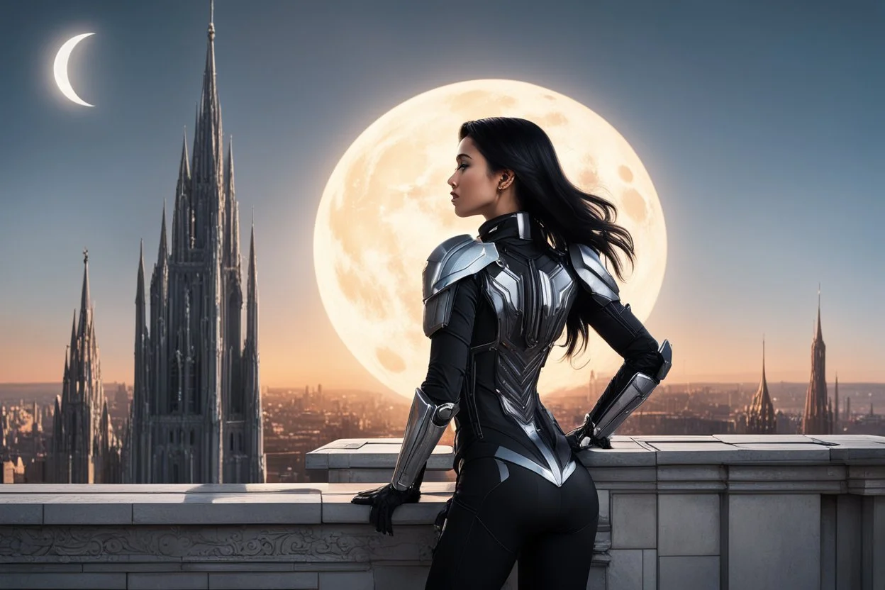 A slim Woman With Black shoulder length hair, Wearing a silver and black android-looking suit, standing sideways On a ledge of a building, with a moon Behind Her Head, towering spires and buildings highlighted by the setting sun