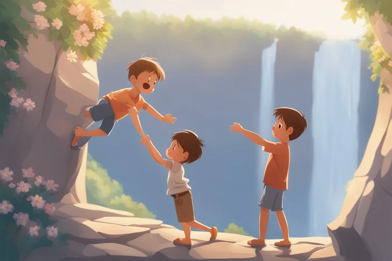 a boy is hanging on the edge of a cliff, holding on, another boy is helping him, holding his hand from above, flowers on the edge of the cliff, waterfall in the sunlight in the background