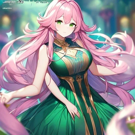 Clear focus,8k,Beatiful Lighting,Detailed, pink long fluffy hair, long fluffy bangs, green eyes, wearing a stunning sparkling outfit, dating game