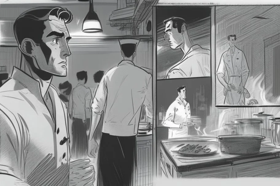 black and white storyboard, wide, on the Foreground there is a man in profile close to the camera and in the background, 3 chefs, scattered throughout the kitchen cooking, frying, cutting