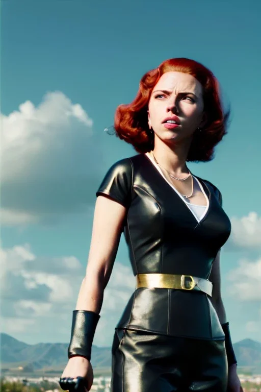 retro portrait image from 1960, sky background, wind, long red hair, fighting stance, sweet young Scarlett Johansson, black dress, classic tight lycra black suit, weapon, gold bracelet and belt, high heel boots, soft color, highly detailed, unreal engine 5, ray tracing, RTX, lumen lighting, ultra detail, volumetric lighting, 3d, finely drawn, high definition, high resolution.