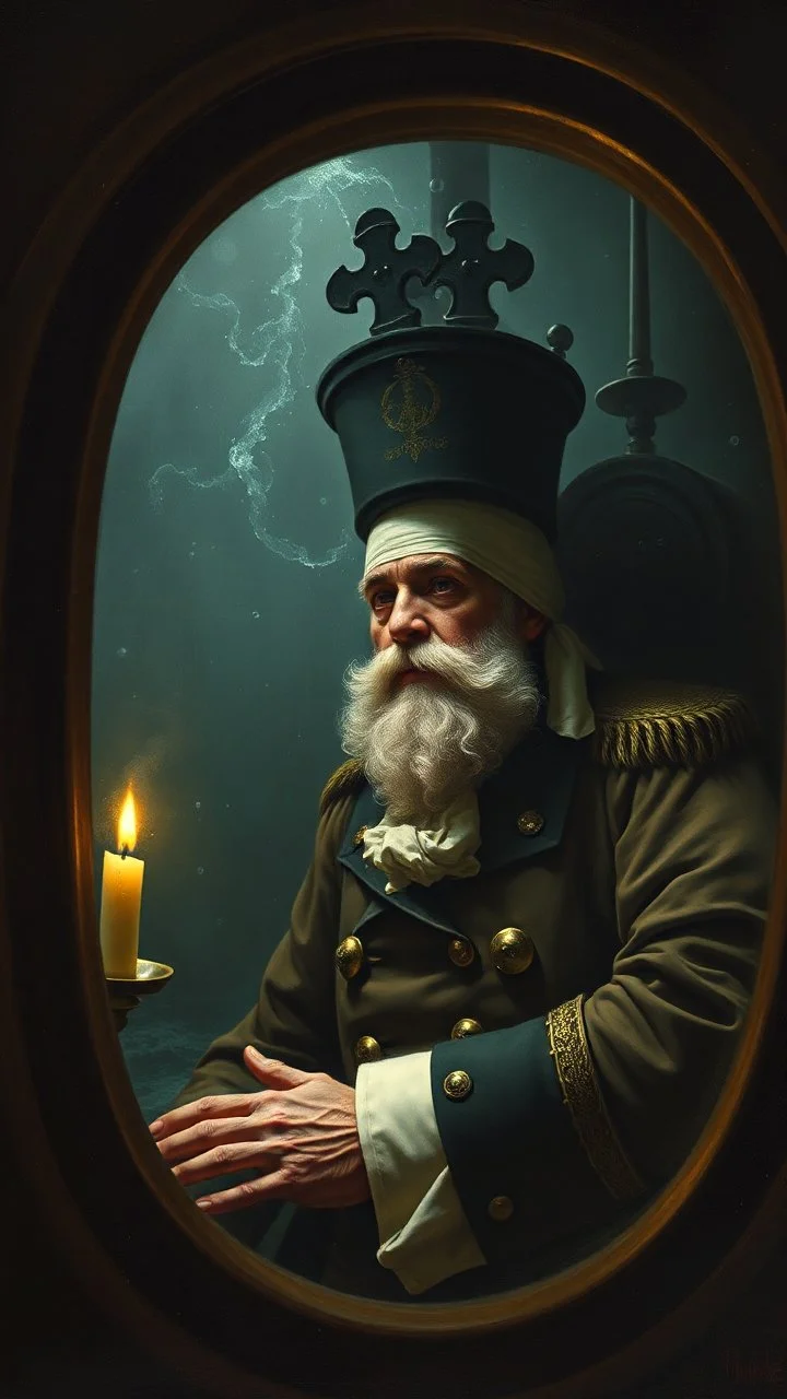 Captain Nemo inside a dark submarine in a delusional state , paint it in the baroque style, as if the man is horrified