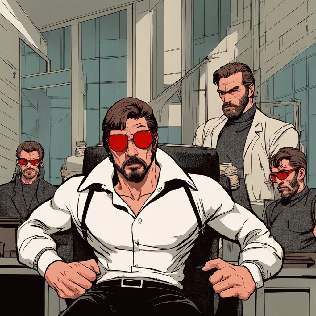 a young man with big muscles who looks like hans gruber wearing a turtleneck and red sunglasses staring with an angry look on his face