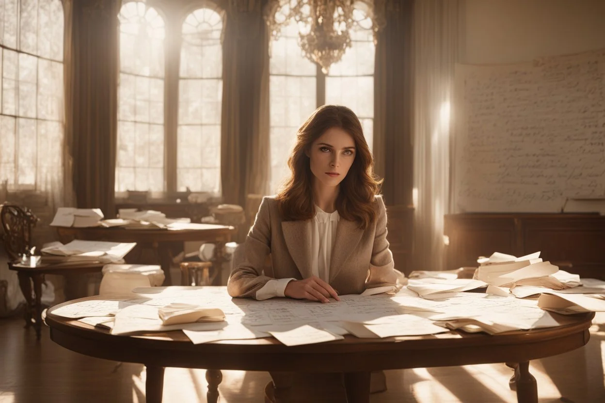 A pretty brown-haired woman sits in front of a table covered with handwritten letters, looking at them perplexedly, in an elegant room in the sunlight.