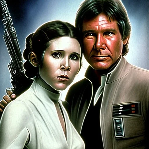 old carrie fisher embracing harrison ford in star wars, waist up portrait, photorealistic faces, intricate, oil on canvas, masterpiece, expert, insanely detailed, 4k resolution, cinematic smooth, intricate detail , soft smooth lighting, soft pastel colors,