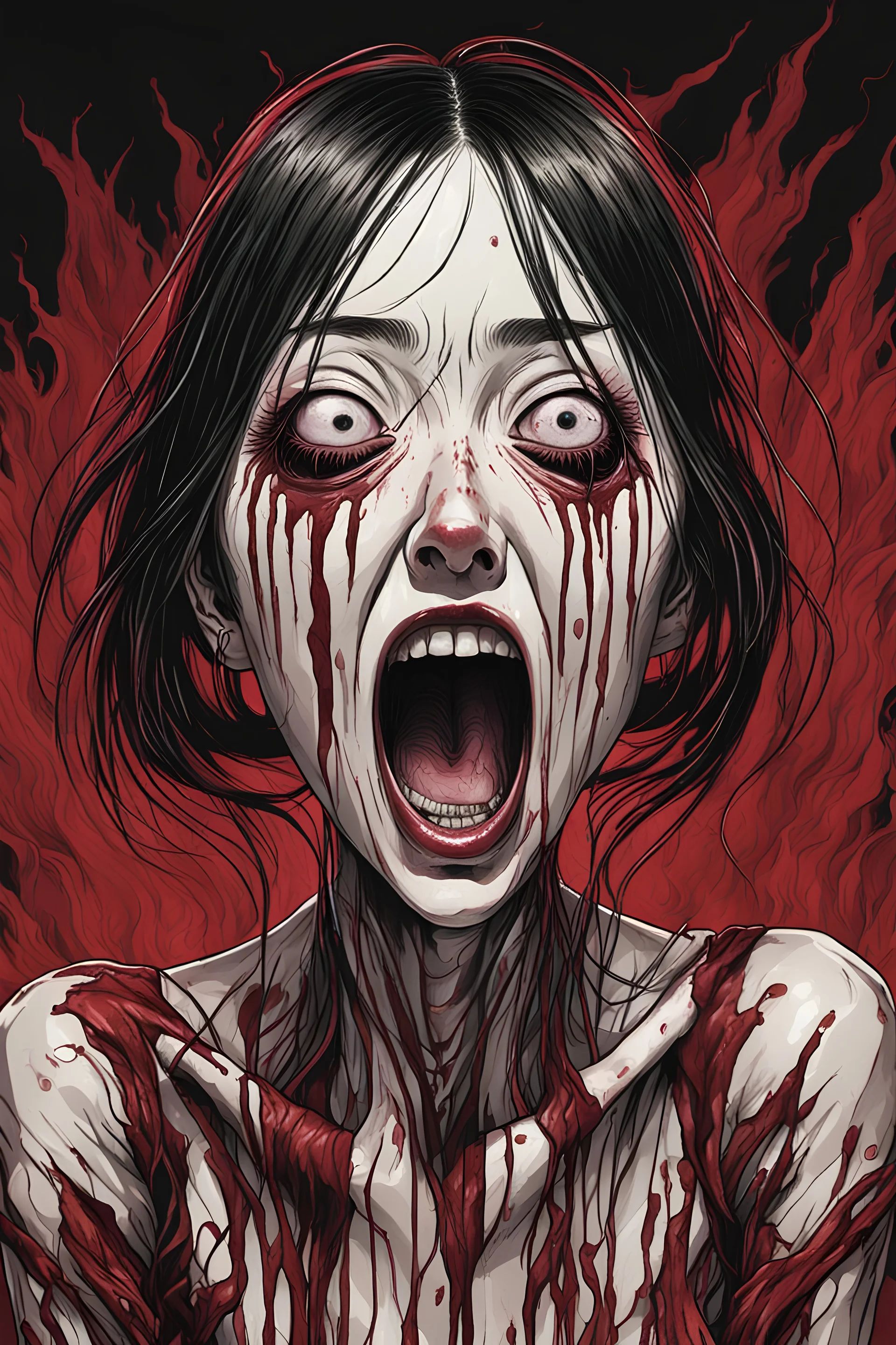 woman with rare eyes, face distorted with pain, screaming, tears streaming from eyes, siting pose, fullbody, Junji Ito style, darkred tones,