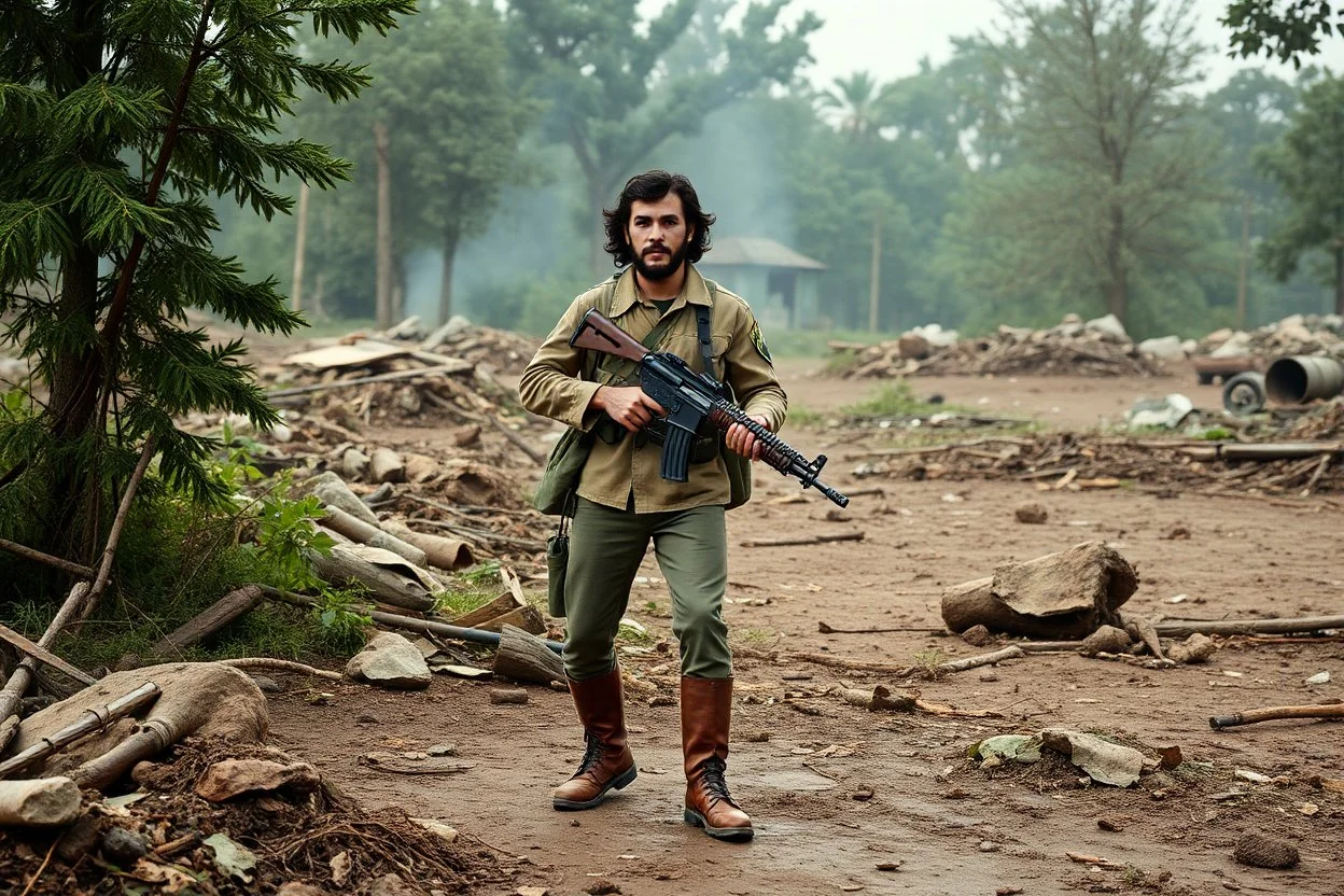 color image of Che Guevara standing with heavy gun in hand boots in a fighting area