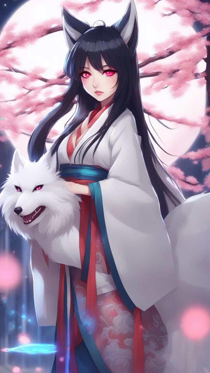 A close hot picture of Ahri with black hair and Japanese Clothes and nine White fox tail with neon glowing in fantasy world