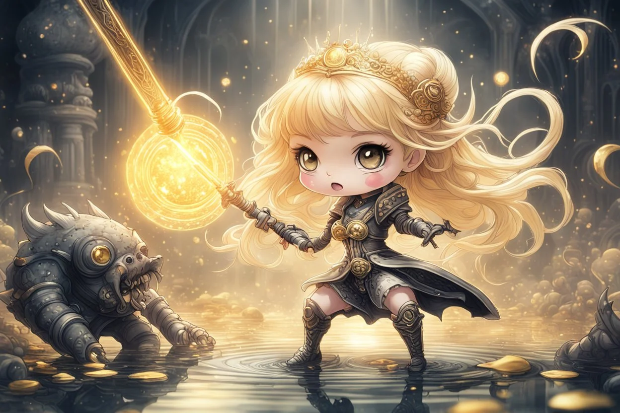 cute blonde chibi princess fighting with an ugly giant monster with a golden laser sabre, golden coin stacks, pond, in sunshine, H.R. Giger, anime, steampunk, surreal, watercolor and black in outlines, golden glitter, ethereal, cinematic postprocessing, bokeh, dof