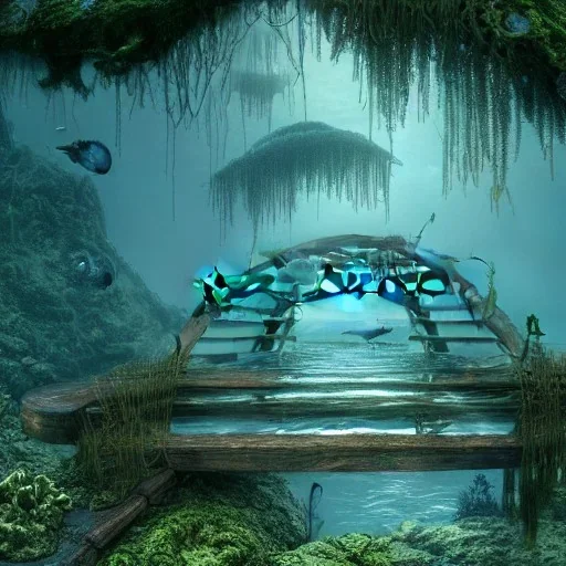 underwater forest and bridge at the bottom of a lake, school of fish, 8k Resolution, Fine-Detail, High-Quality, Intricate, Detailed Matte, 3d Octane Render, Beautiful, Stunning, Brian Froud, Selina French, Howard Lyon, Greg Rutowski, Annie Dittman, Annie Stokes