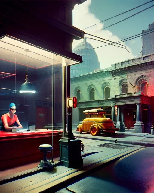 Scene, realistic image, retro futuristic, Edward Hopper style, smooth, unreal engine 5, god lights, ray tracing, RTX, lumen lighting, ultra detail, volumetric lighting, 3d.