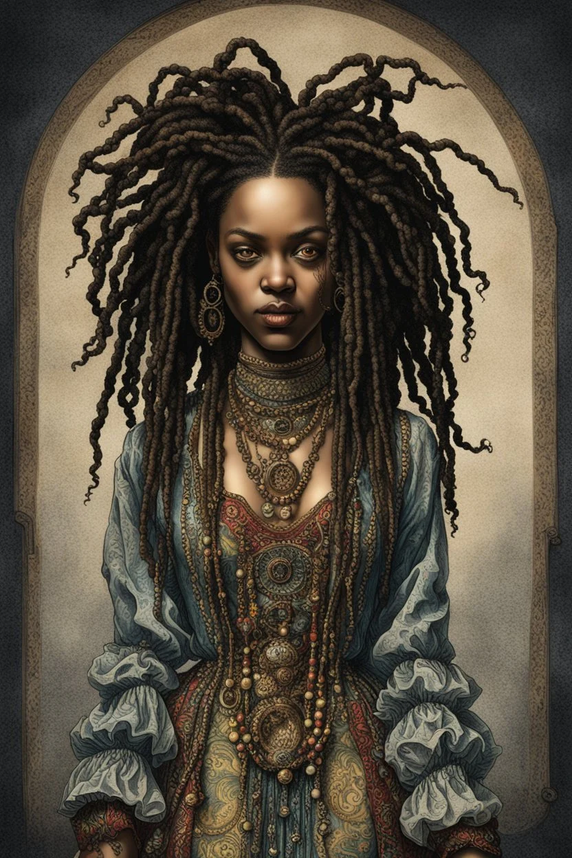 full body colored etching of an ornately dressed, malevolent, predatory voodoo vampire girl from the French West Indies with highly detailed beaded dreadlock hair and facial features ,in the style of Rembrandt, Gian Lorenzo Bernini, and Johannes Vermeer, with a fine art aesthetic, highly detailed , realistic , 4k UHD