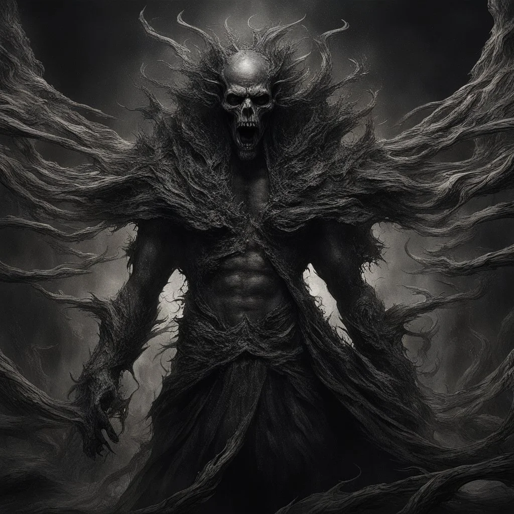 Generate a visually striking artwork that depicts 'Abaddon' as a formidable and malevolent entity, drawing inspiration from dark mythology and biblical references. Incorporate elements of chaos, destruction, and a foreboding atmosphere, while highlighting Abaddon's menacing presence and otherworldly power.