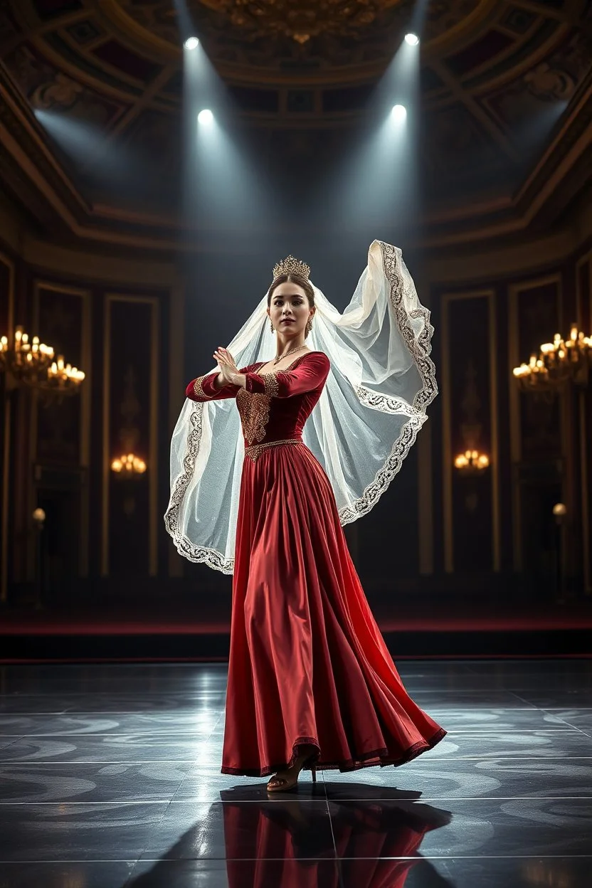 A full-body cinematic photograph of a graceful Azerbaijani woman performing a traditional national dance. She wears an intricately embroidered velvet bodice and a flowing long silk skirt. On her head is a small ornate traditional crown with a long, translucent white lace veil flowing elegantly behind her. She stands in a poised, elegant dance pose on a sleek modern performance stage with dramatic professional spotlighting. The stage is set inside a massive opulent royal hall with high ceilings,