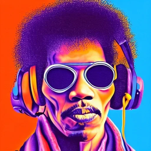 a realistic portrait of Jimi Hendrix at a turntable with headphones on being a DJ, vivid color, with sunglasses