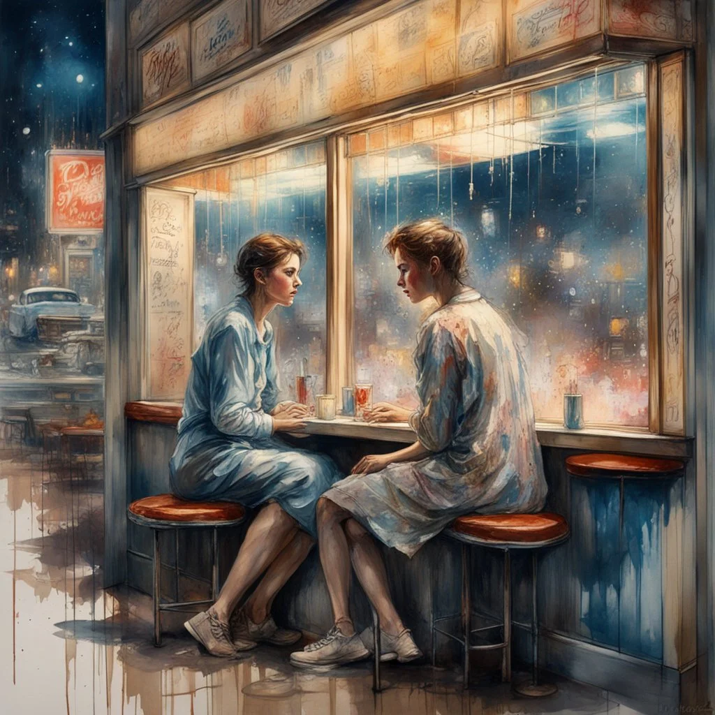 long profile shot of Young man and woman sitting opposite at a vintage booth in a 1950s diner beside a large window with nighttime small city behind it, textured Speed paint with large rough brush strokes, watercolor, paint splatter, by Carne Griffiths, by Dino Valls, masterpiece, particles, fine art, quaint, nostalgic, romantic