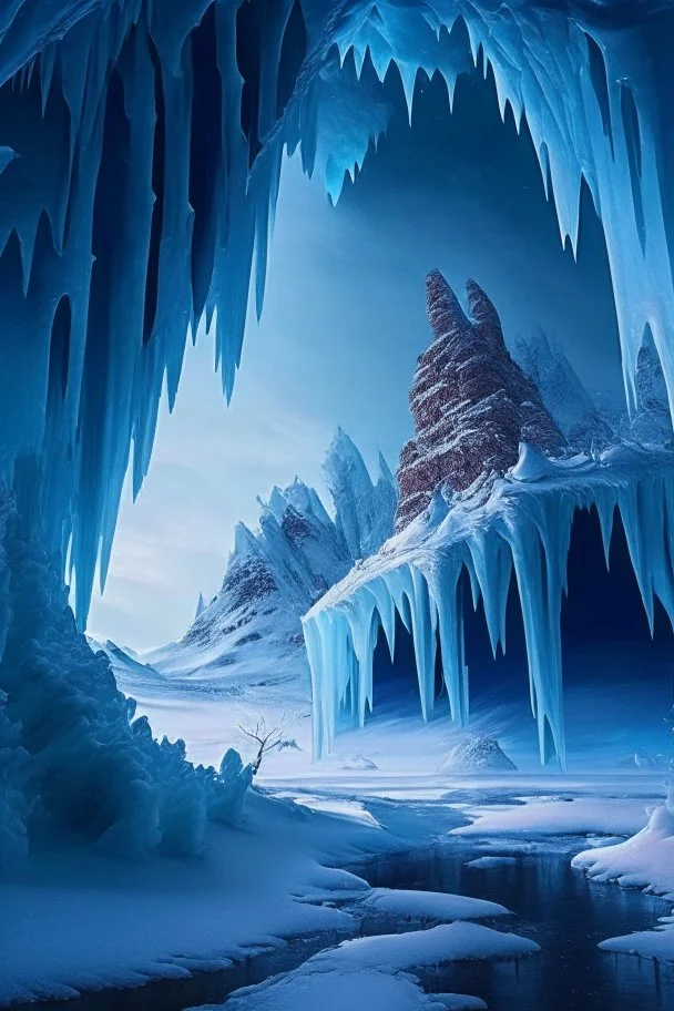 A frozen landscape with a giant caveroof over it