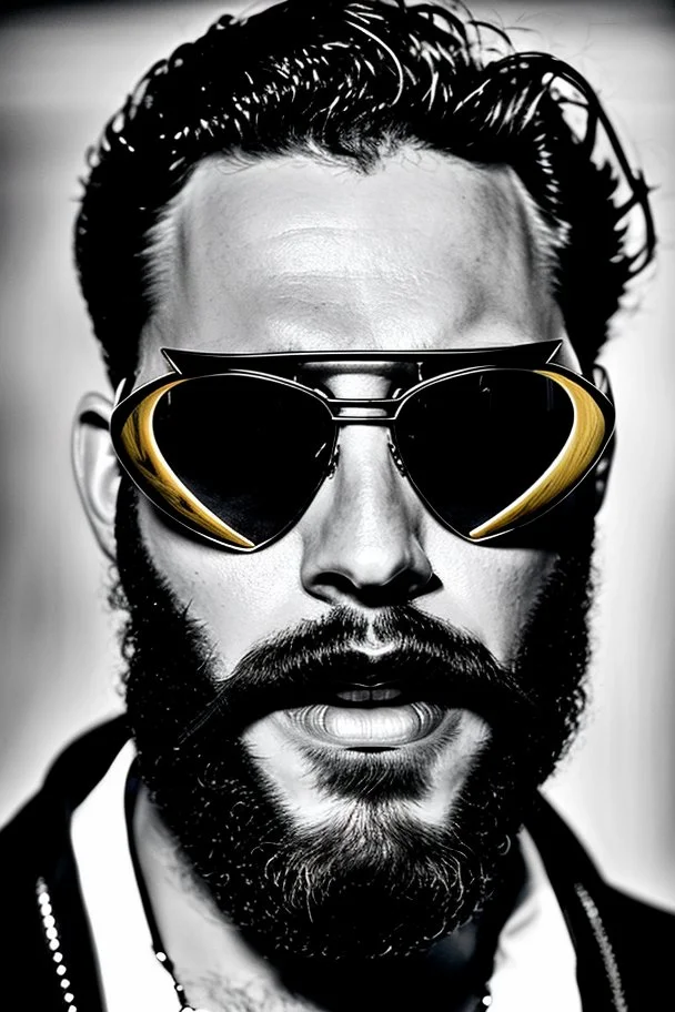 Artistic photo in the audacius style of Jill Greenberg, of man with a luxurious and striking style, abundance of jewelry, oversized sunglasses, neat black beard, prints, desafiant, extravagant, barroque scene , impasto style with thick texture