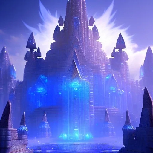 Aztecan blue subtil glowy crystal temple ! soft background | god rays | intricate | elegant | transparent blue landscape | highly detailed | illustration | depth of field, luminosity, ultra sharp focus, ultra high definition