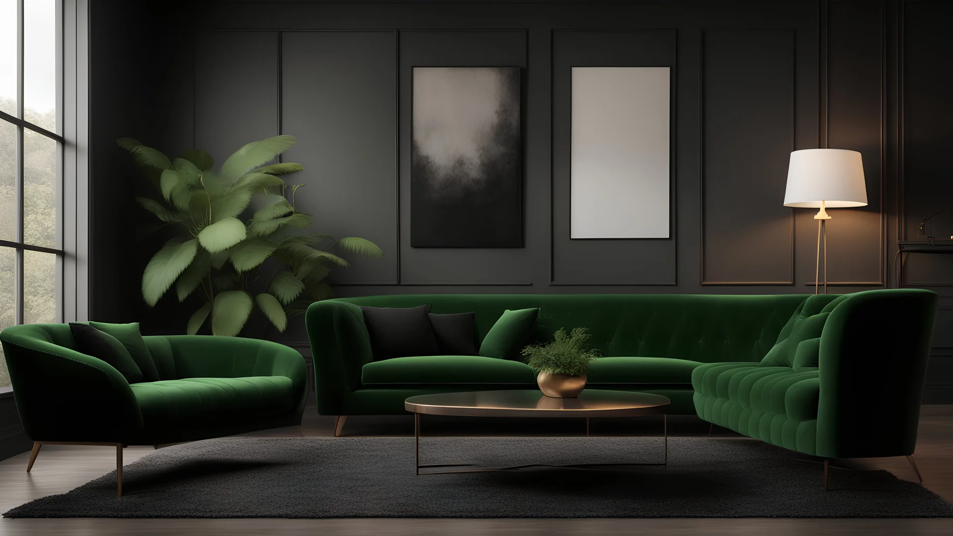 Black interior with green velour sofa, table, fur carpet and decor. 3d render illustration mock up.