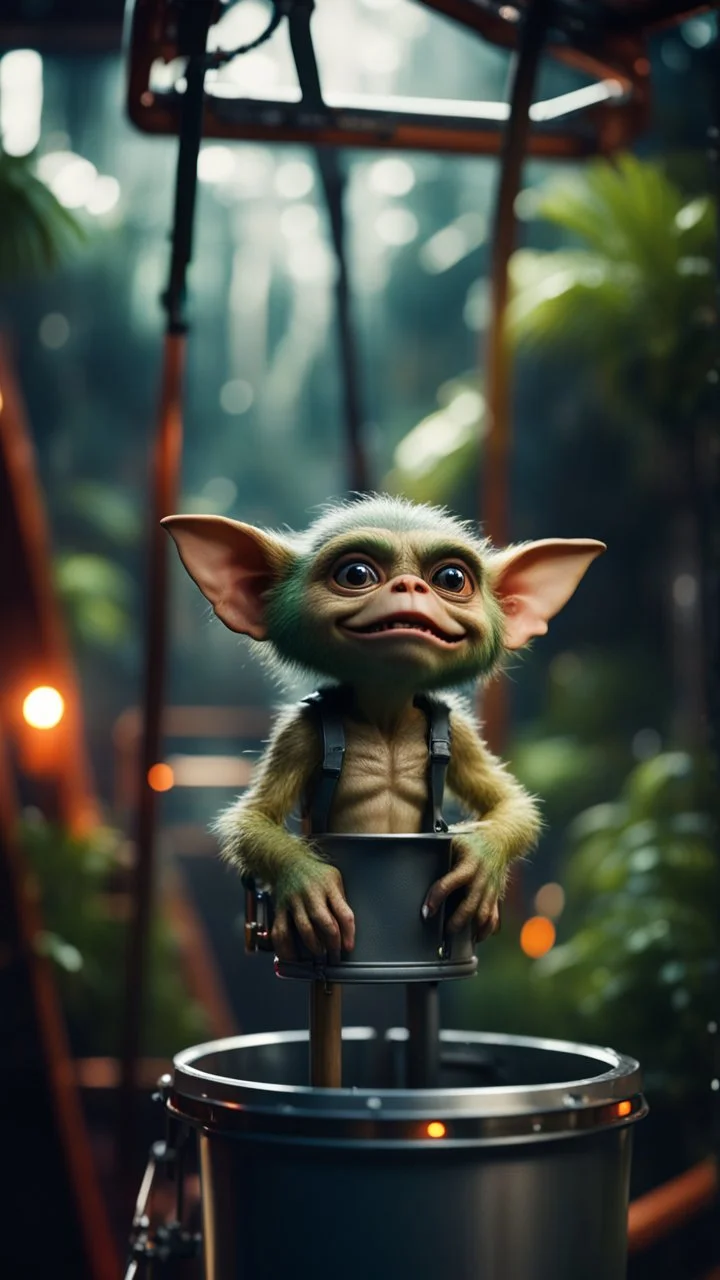 close up portrait of a gremlin with arm hair standing up in a model a bucket ski lift in dark lit reflective wet jungle metallic hall dome hotel tunnel, in the style of a game,bokeh like f/0.8, tilt-shift lens 8k, high detail, smooth render, down-light, unreal engine, prize winning