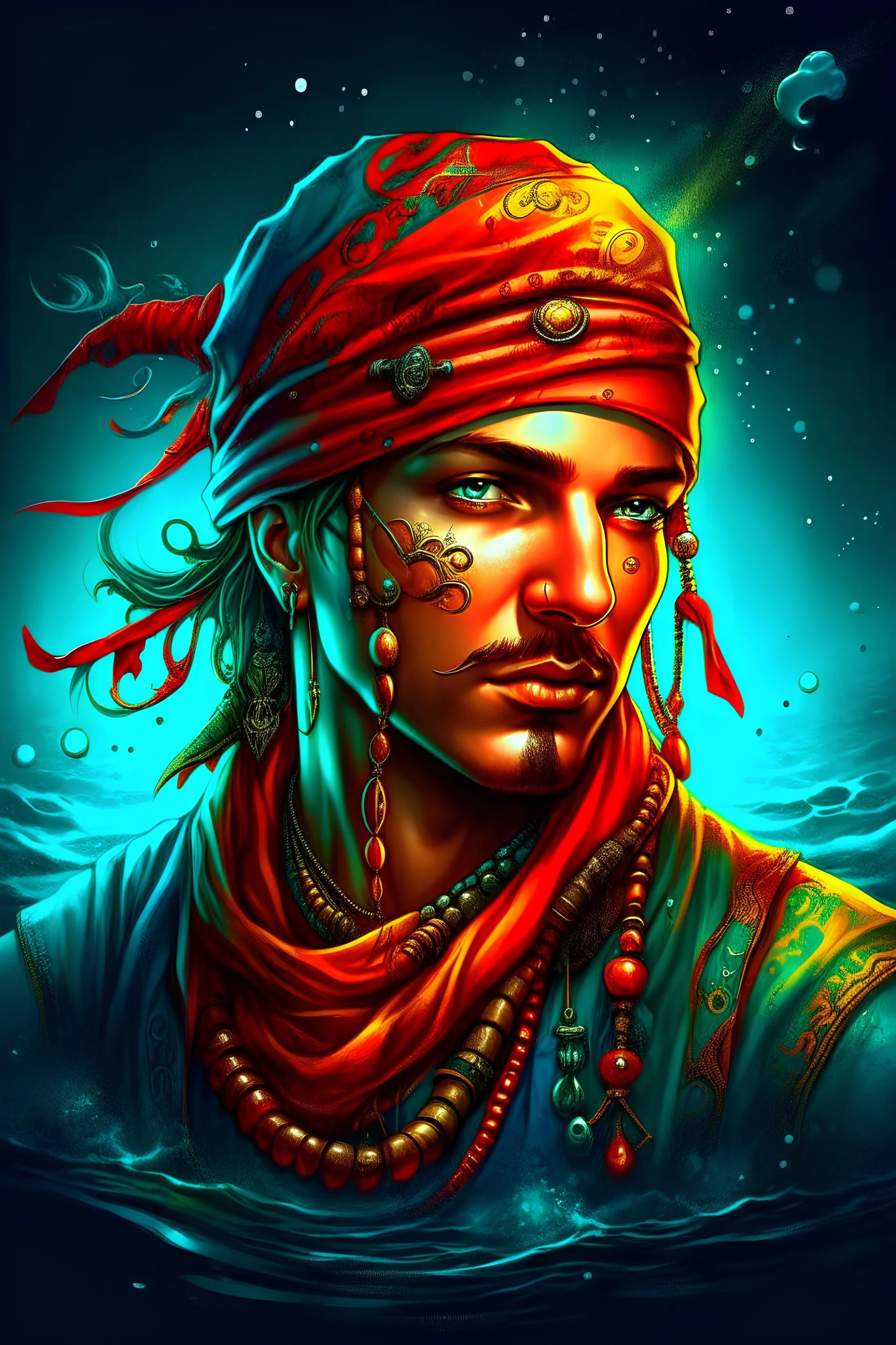 A strange aquatic pirate wearing a bandana on his head, digital art, fantasy