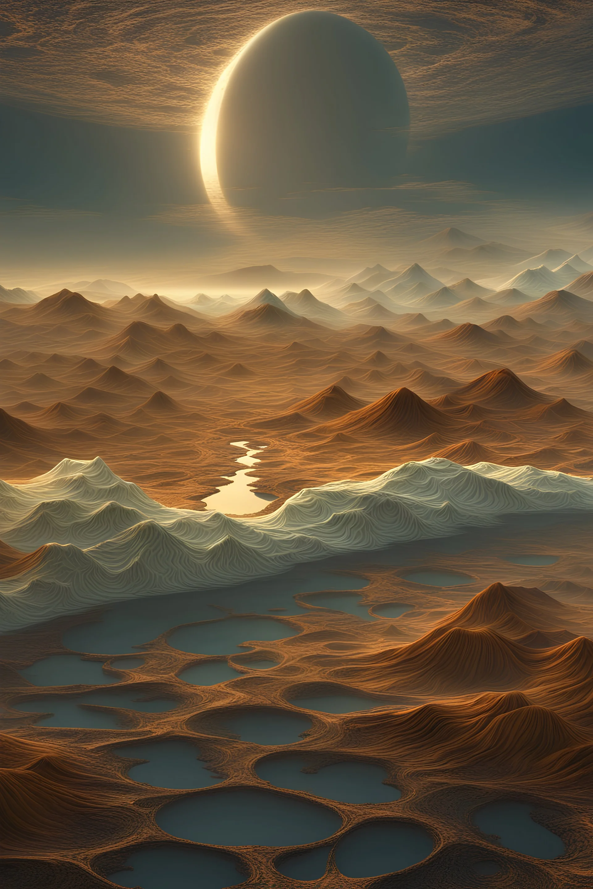 Fractal landscape, matte painting style, intricate patterns repeating infinitely creating awe, crisp visual quality, high fidelity, well-rendered textures, captivating complexity, ultra clear, ultra realistic, dramatic lighting.