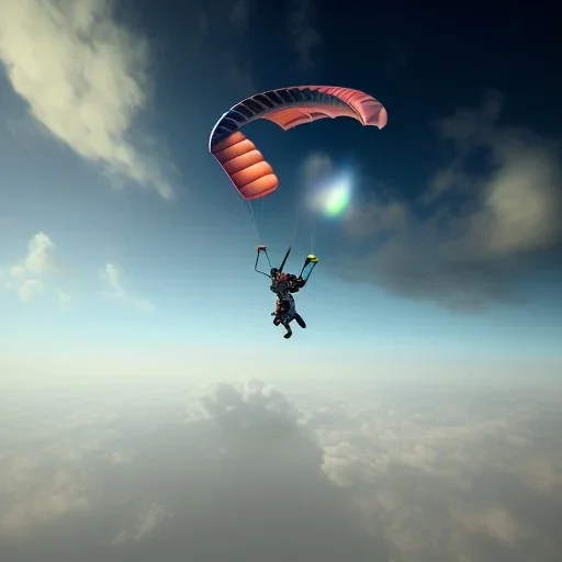 a lone skydiver at door of plane, ground and clouds below, 8k resolution, high-quality, fine-detail, iridescent, intricate, digital art, detailed matte, volumetric lighting, illustration, 3D octane render, brian froud, howard lyon, selina french, anna dittmann, annie stokes, lisa parker, greg rutowski, George Grie, Ben Goossens, Igor Morski