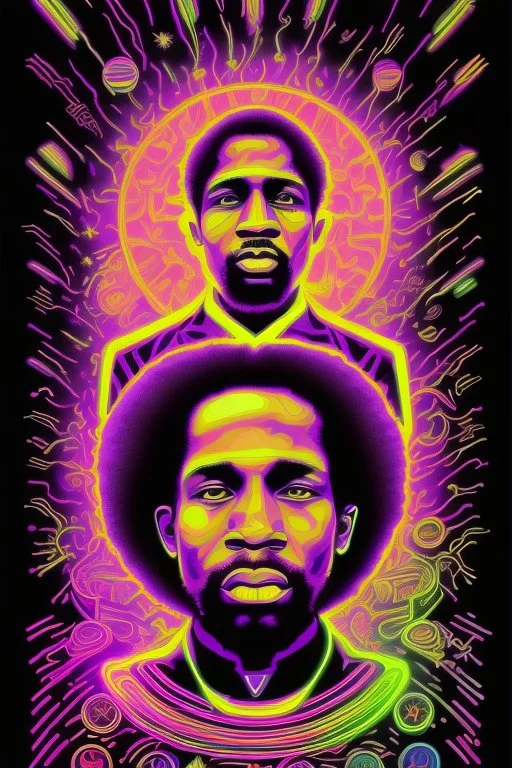 70s Black light poster design in the style of George Goode, featured “a black man rais[ing] his unshackled fist while the background bursts with fluorescent yellow flame.” neon fluorescent glow, psychedelic, bright, shimmering, fluorescent colors pop and sizzle, mystique, cosmic