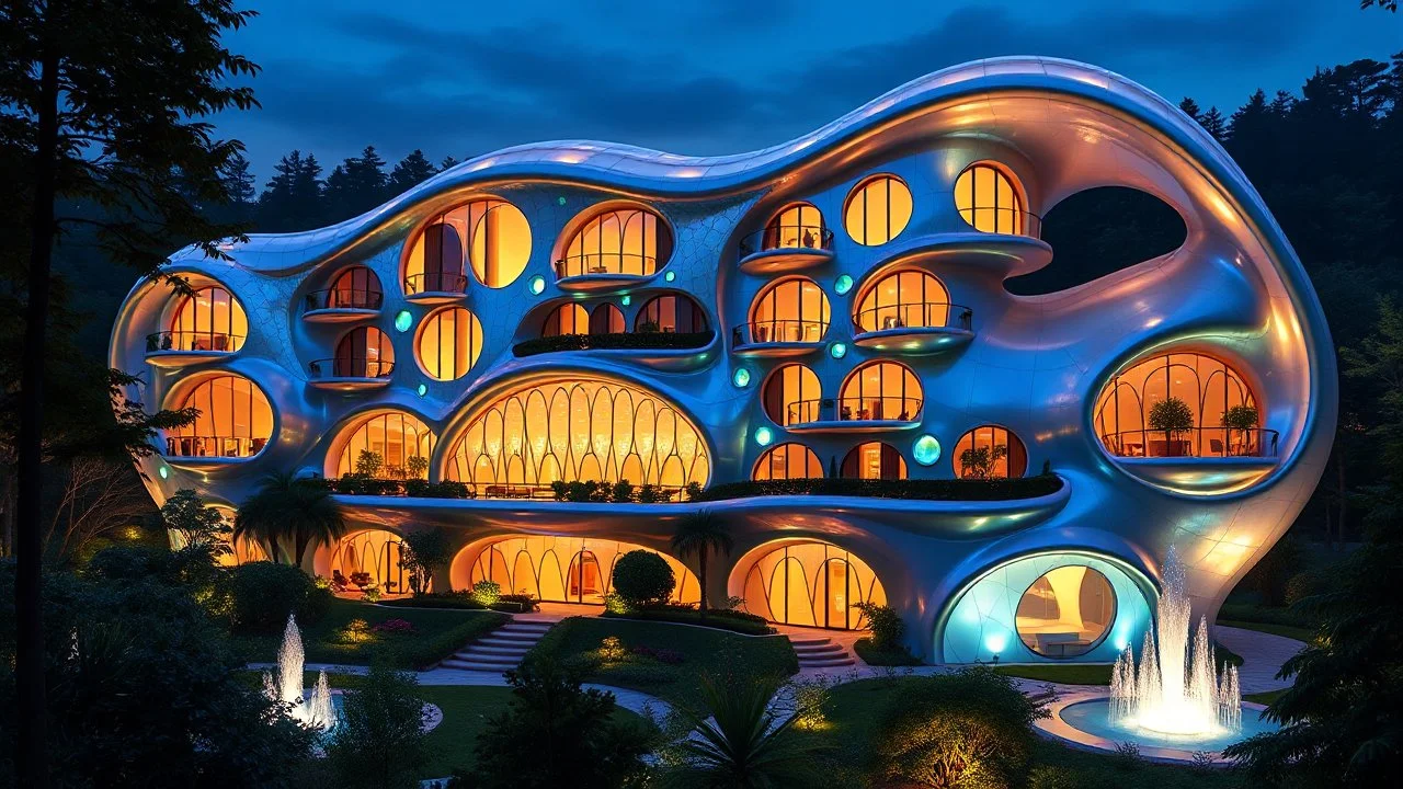 Comical organic futuristic fantasy building at night, inspired by the Golden Ratio in natural organisms. Iridescent walls made of shimmering, innovative semi-transparent opalescent materials. The happy building has large, curved, intriguing elongated windows, many curved balconies. The building is surrounded by gardens and fountains and set deep in a forest. Award-winning photograph, beautiful composition, joyful vibe, wonderful excitement