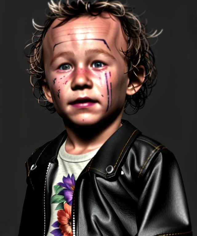 Heath ledger toddler, full body, sneaker, leather jacket, floral shirt, soft skin, dramatic lighting, hyper realistic