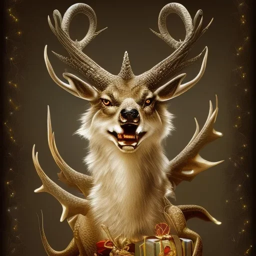 Christmas dragon with deer ears, wolf head, ibex horns, horse body, deer legs, lizard tail, bat wings and Christmas lights