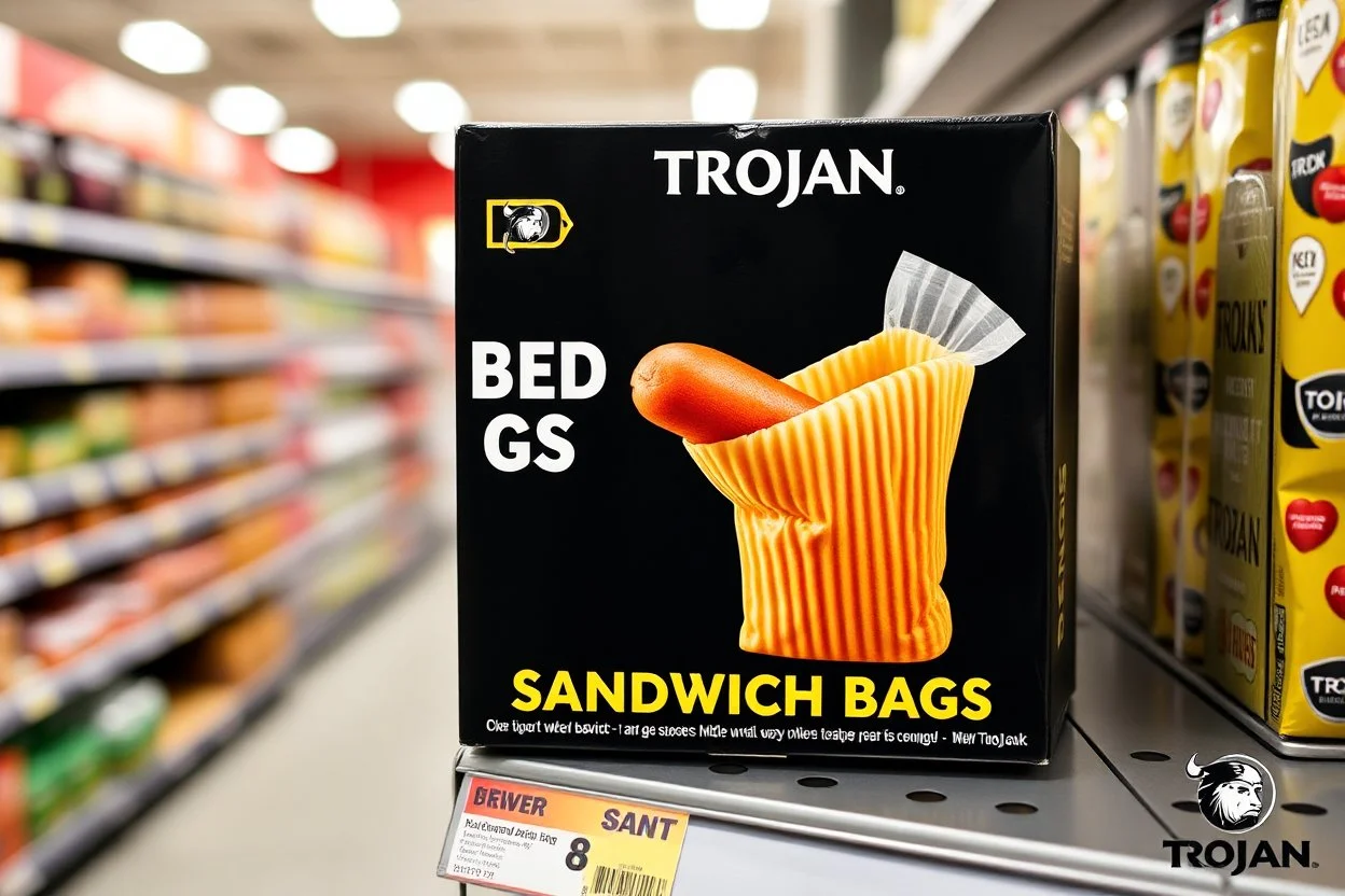 satirical product advertisement, Trojan brand black and gold sandwich bag box on display on a grocery store shelf, "RIBBED SANDWICH BAGS", picture on box is a long tubular hot dog bun poking out of an opaque yellow crenelated plastic bag, photorealistic, HD, natural lighting, Trojan brand logo