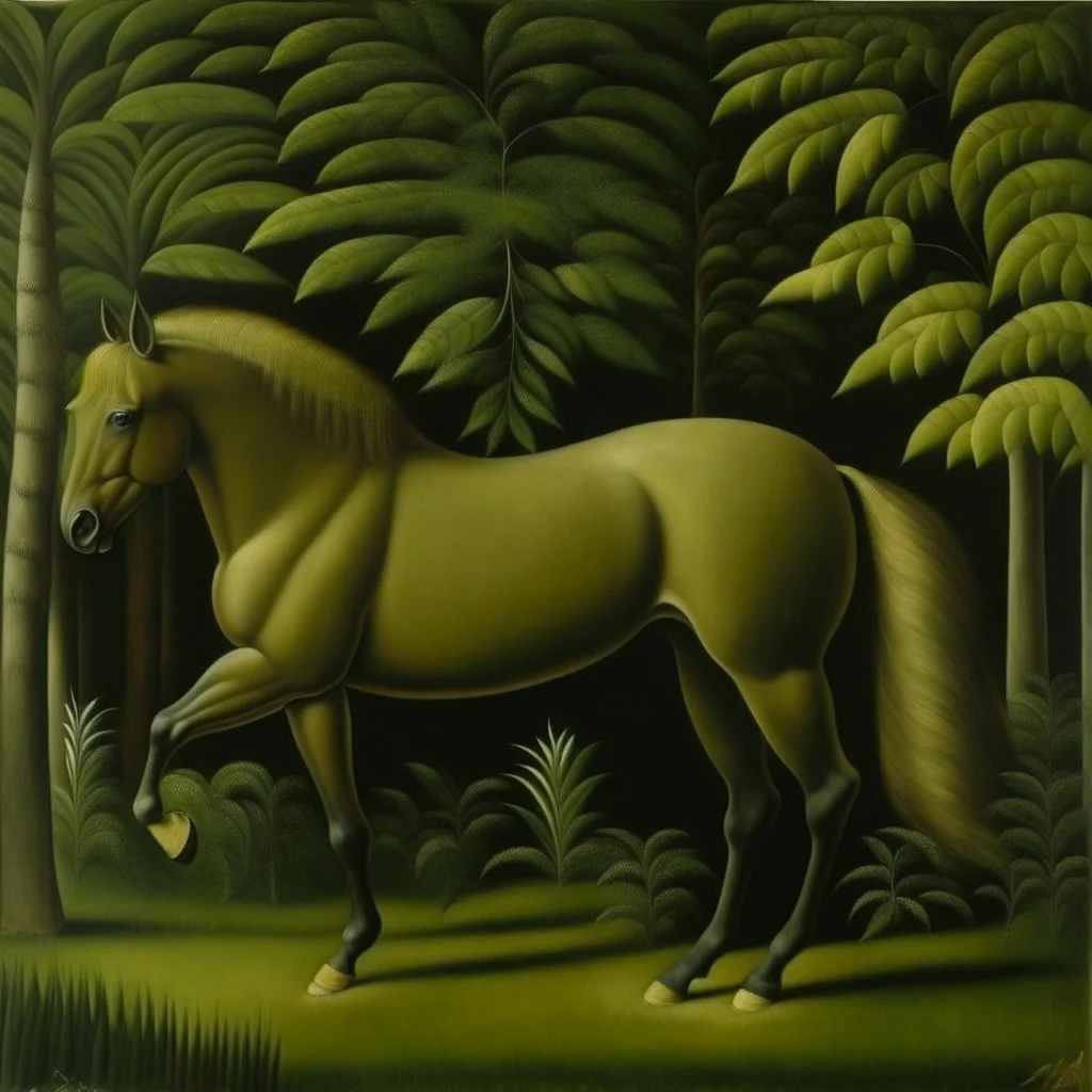 An olive green horse painted by Henri Rousseau