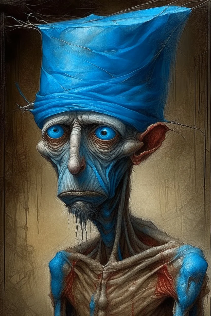 A strange and gloomy stick man with a blue plastic bag on his head. Surrealism, figurative painting with elements of the Bauhaus style. Intense textures.